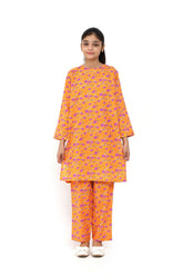 Plum Fine Doriya Lawn Bright Orange Colour Printed Purple Pink Flowers On 2 pc suit For Girls